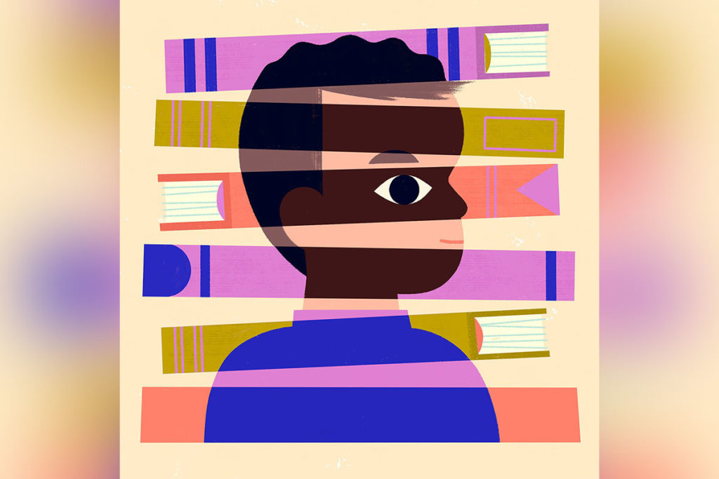 illustration of a black child against books